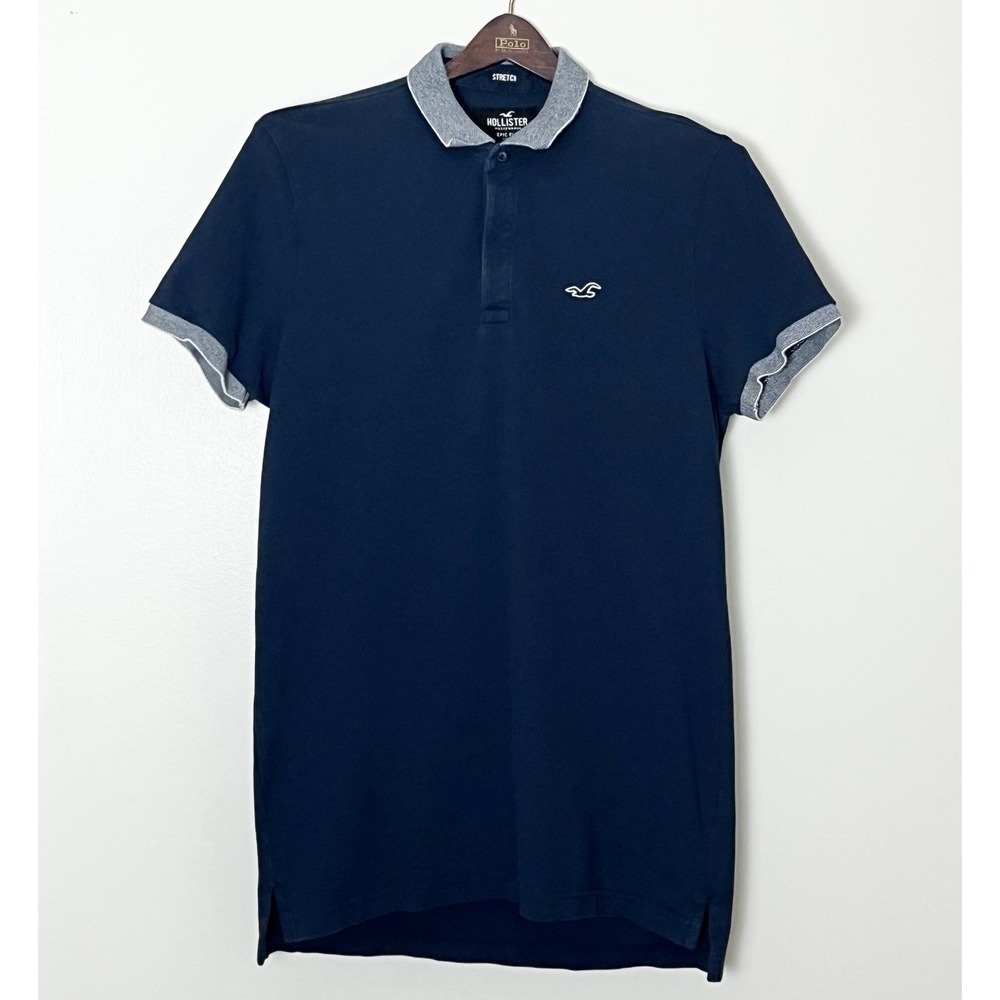 Hollister Polo Shirt Men's Medium Navy Blue Stretch Mallsoft Preppy Logo